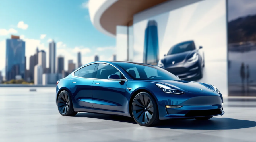 Najtańsza Tesla w ofercie Tesli na 2025 rok, w tle widać model Tesli.