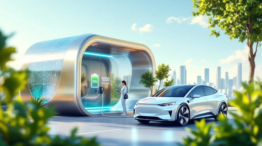 Przyszłość stacji ładowania samochodów elektrycznych, wizualizacja innowacyjnych stacji.