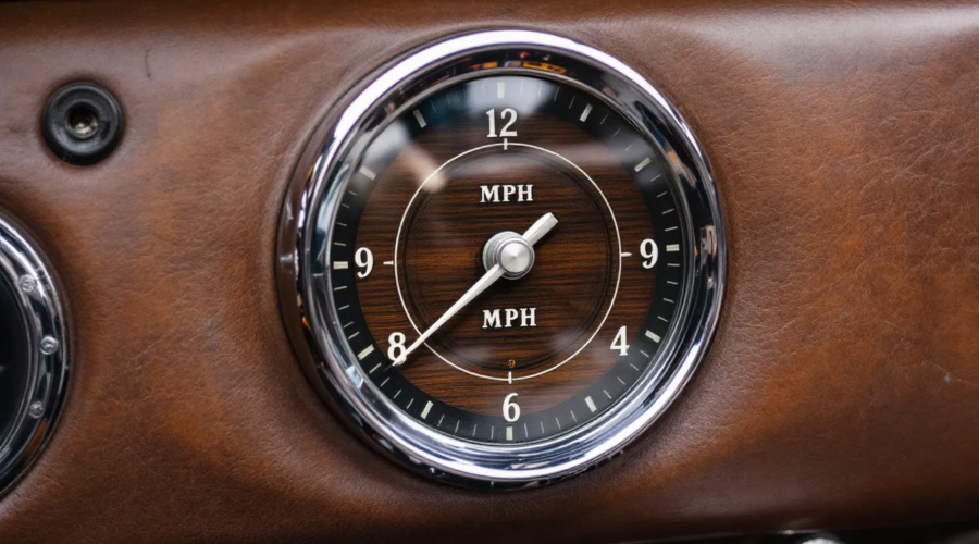 . The image features a mph clock displaying the speed in miles per hour, a common measure of speed used primarily in the United States and the United Kingdom. It highlights the conversion between mph and km/h, illustrating the concept of speed limits and the values associated with different speed units.